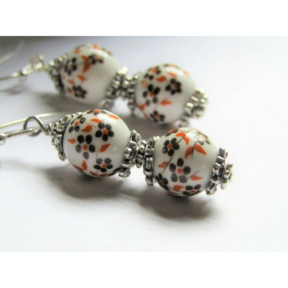 Brown Yellow Floral Ceramic Silver Earrings